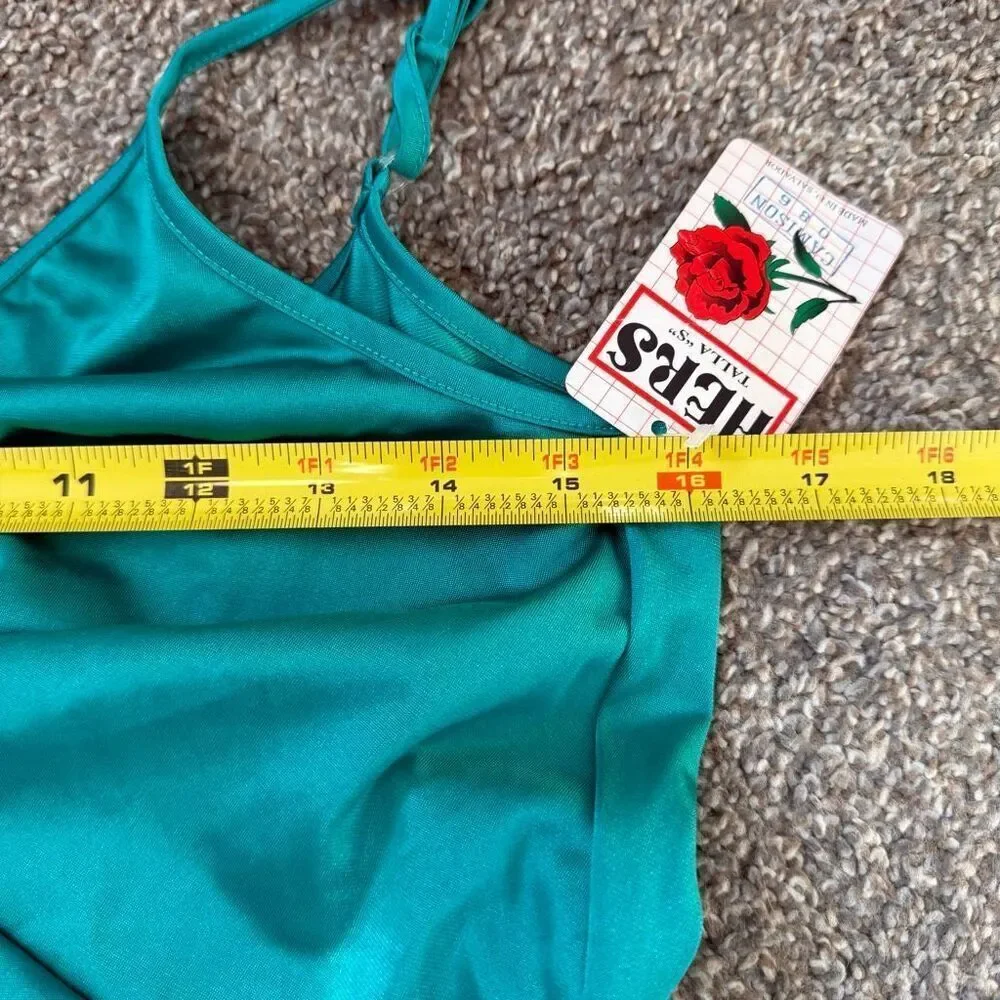Hers Satin Teal Dress Nightgown Slip Keyhole Bow Small Deadstock Vintage